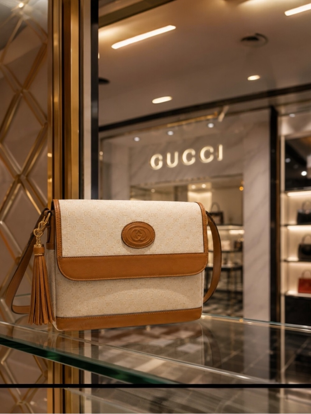 AUTHENTIC VINTAGE GUCCI GG MONOGRAM CARMEL LEATHER TRIM SHOULDER BAG